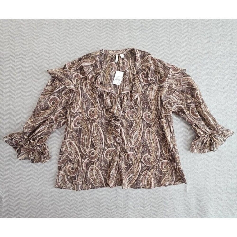 Cato Tunic Women's Size 14/16W Brown Paisley Metallic NWT Ruffles‎ Flutter